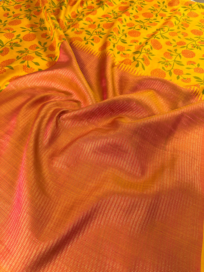 Mila colour block printed kanchipuram silk saree