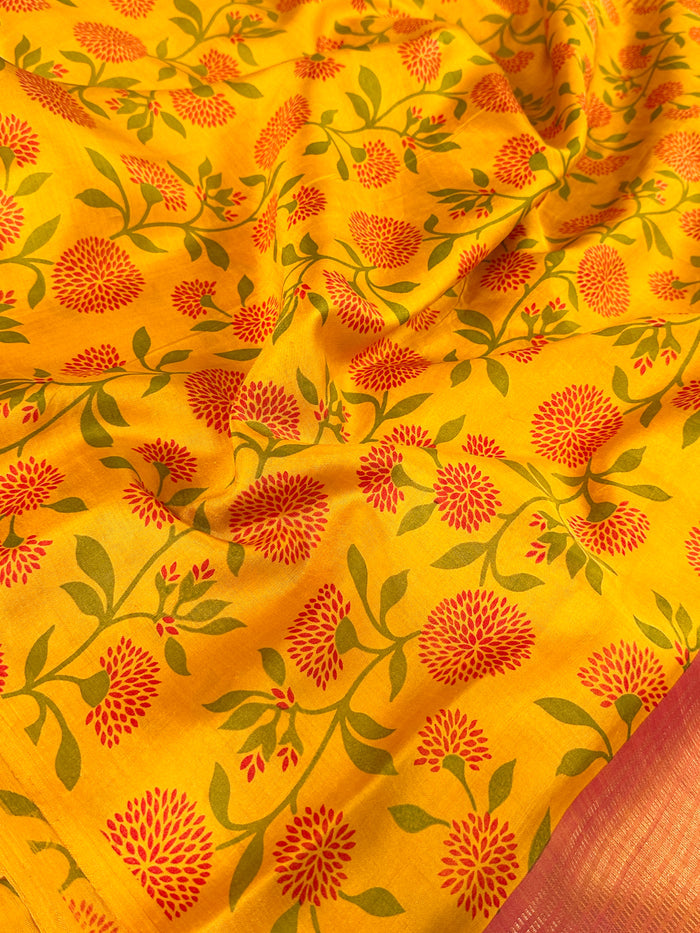 Mila colour block printed kanchipuram silk saree