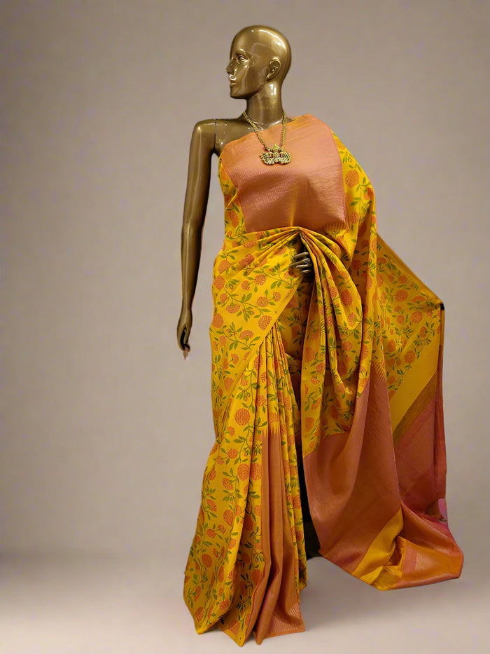 Mila colour block printed kanchipuram silk saree