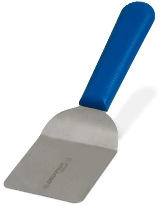 A stainless steel mini turner with a plastic handle, featuring a blue handle in the image.