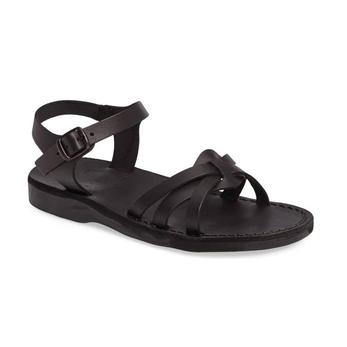 Miriam black, handmade leather sandals with back strap  - Front View