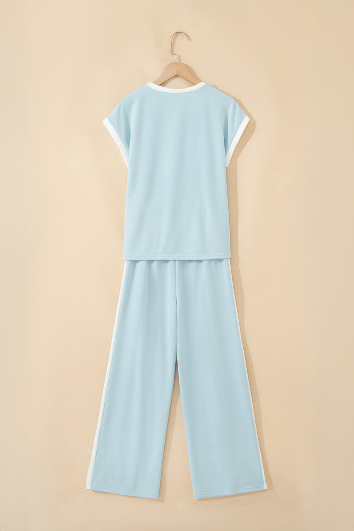 Mist Blue Contrast Trim Round Neck Pocketed Boxy Tank Top Wide Leg Pant Set