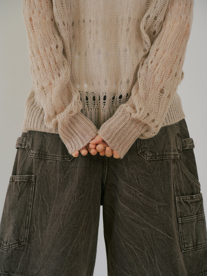 Mohair Punching Pullover-Ivory