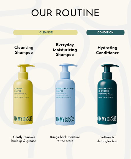 Hair care product lineup with Cleansing Shampoo, Everyday Moisturizing Shampoo, and Hydrating Conditioner