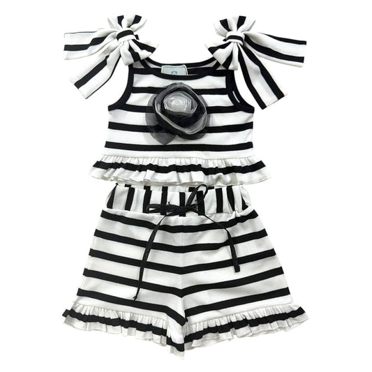 Monaco Black and White Striped Girls' Top and Shorts Set - Petite Maison Kids