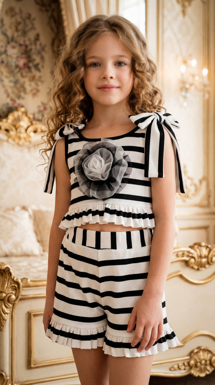 Monaco Black and White Striped Girls' Top and Shorts Set - Petite Maison Kids