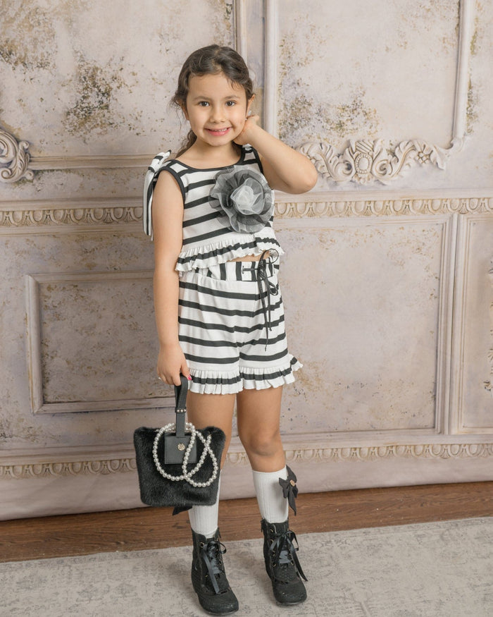 Monaco Black and White Striped Girls' Top and Shorts Set - Petite Maison Kids