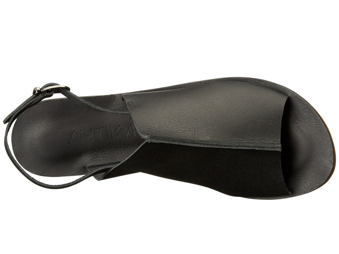 Montana Blvd black, handmade leather with back strap buckle sandals - top View