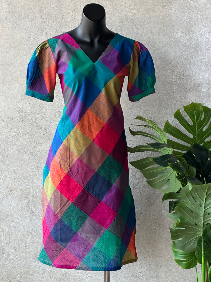 Multi checked Puff sleeve cotton kurti