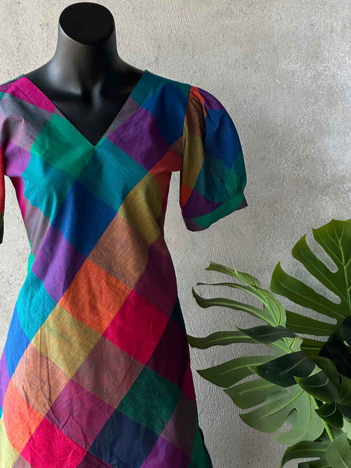 Multi checked Puff sleeve cotton kurti