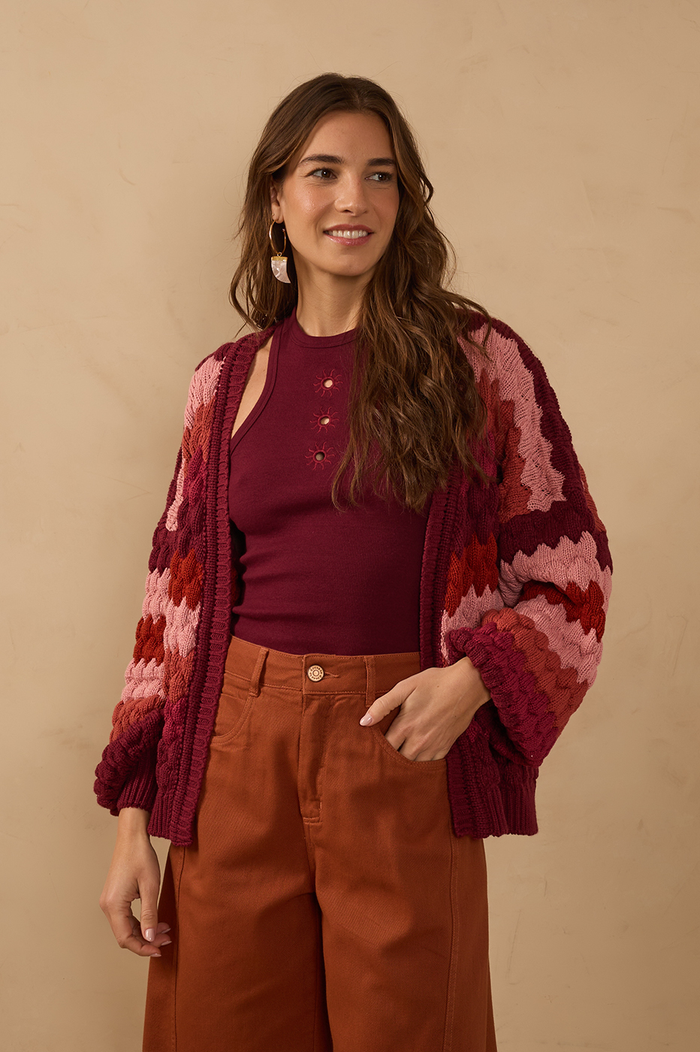 Multicolor Puff Sleeve Tricot Cardigan_1