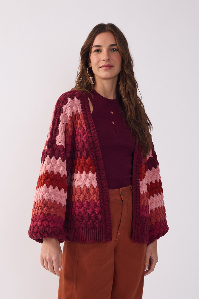 Multicolor Puff Sleeve Tricot Cardigan_2