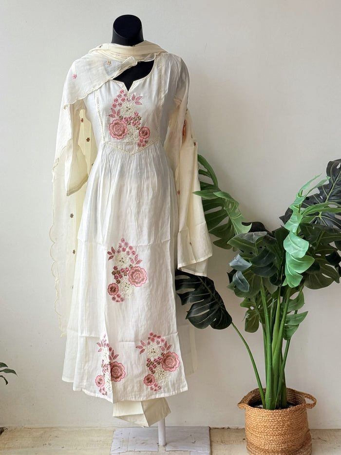 Neck emb modal chanderi silk suit set