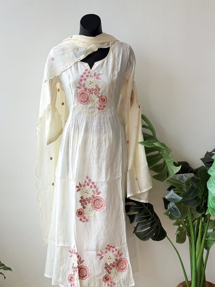 Neck emb modal chanderi silk suit set