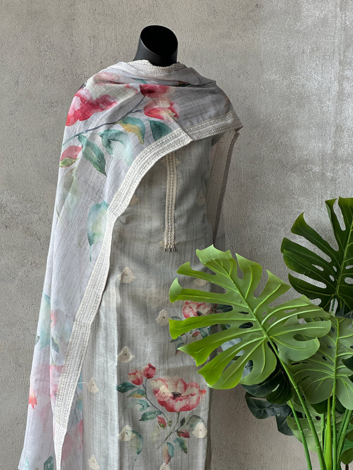 Neck work printed cotton linen salwar material