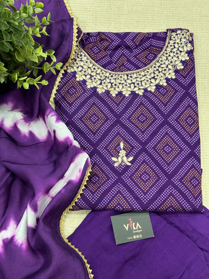 Neck work printed muslin ready suit set