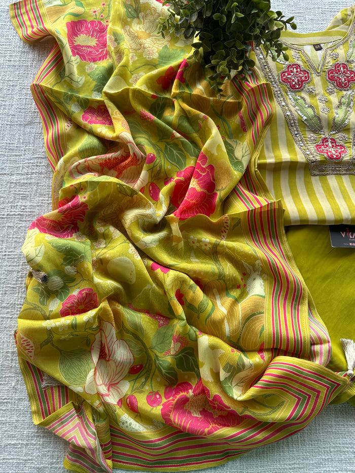 Neck work striped crepe silk ready set