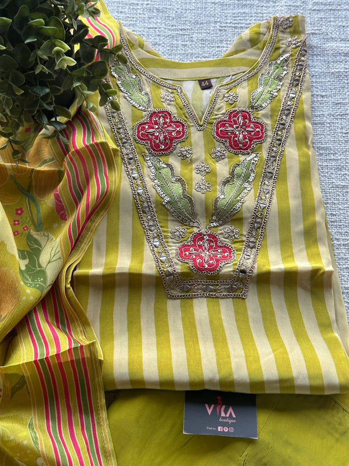 Neck work striped crepe silk ready set