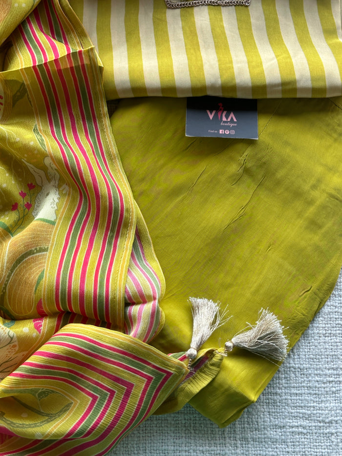 Neck work striped crepe silk ready set