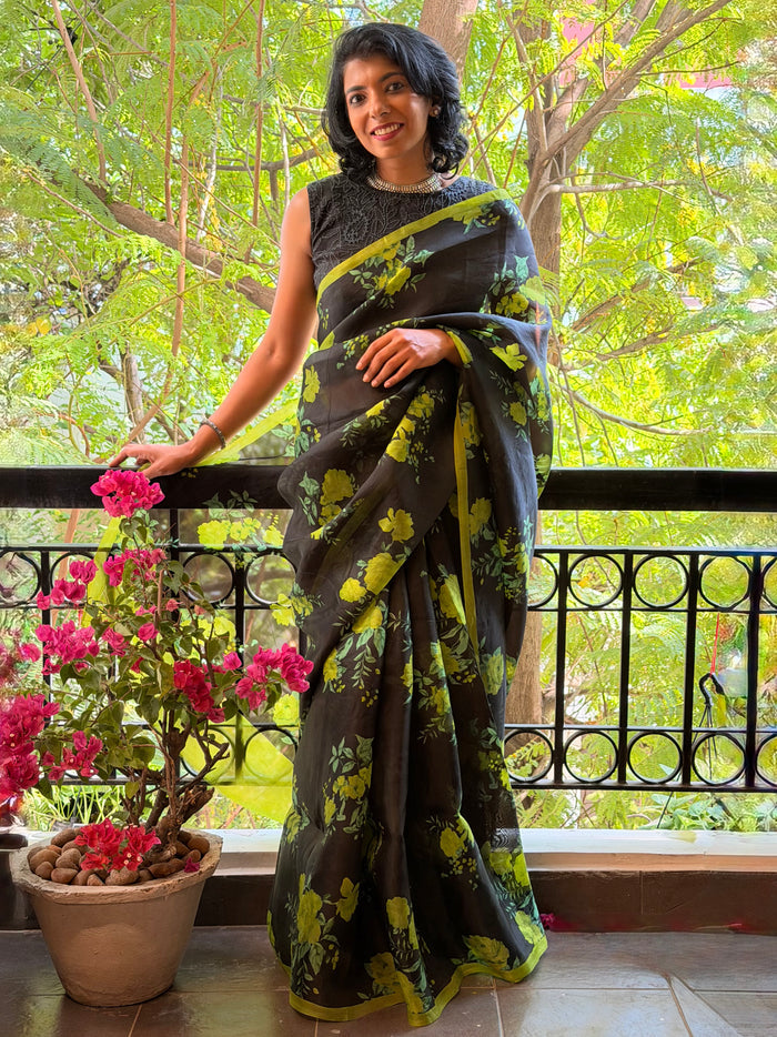 Nisha Bloom Organza Saree - Black