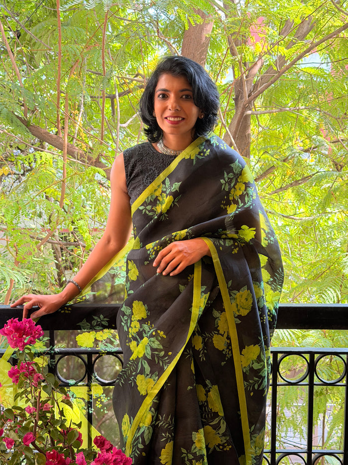 Nisha Bloom Organza Saree - Black