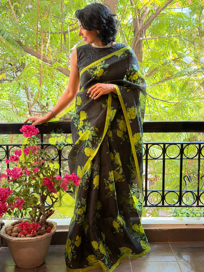 Nisha Bloom Organza Saree - Black