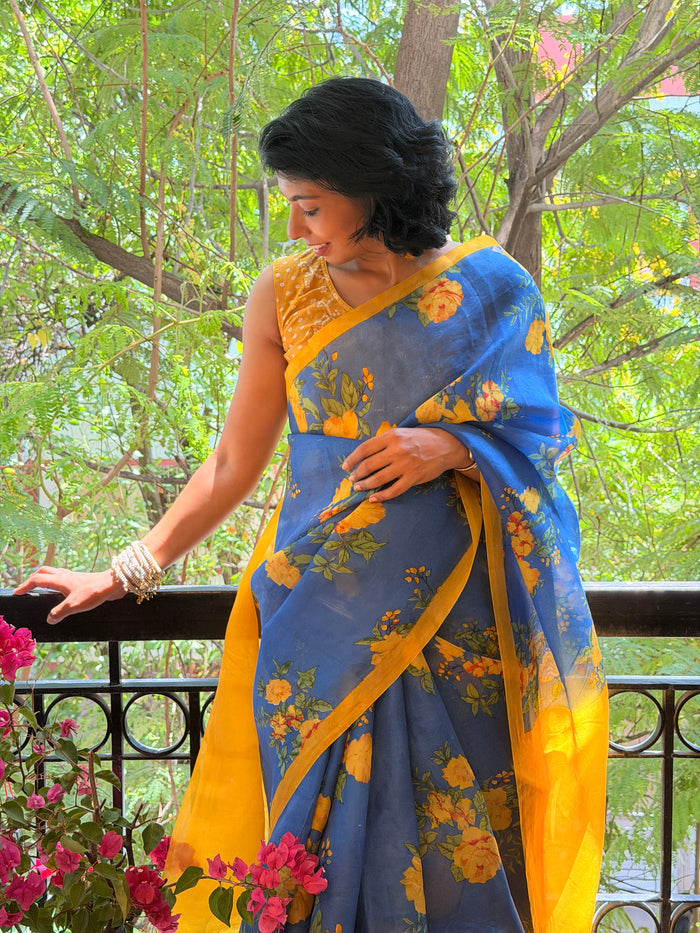 Nisha Bloom Organza Saree - Blue