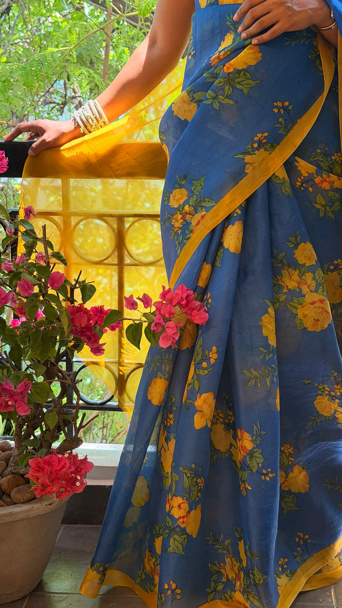 Nisha Bloom Organza Saree - Blue