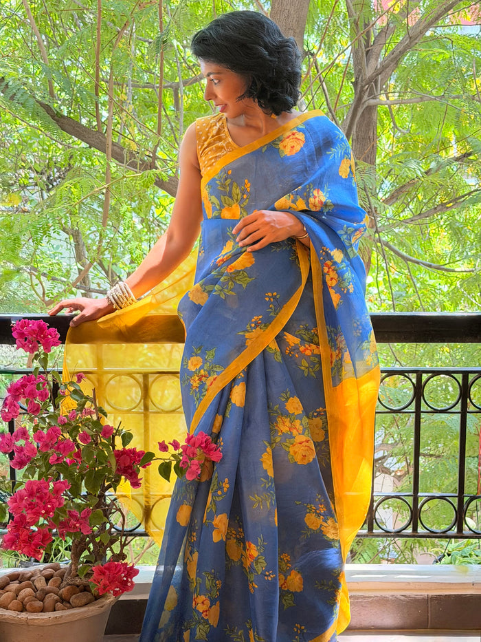 Nisha Bloom Organza Saree - Blue