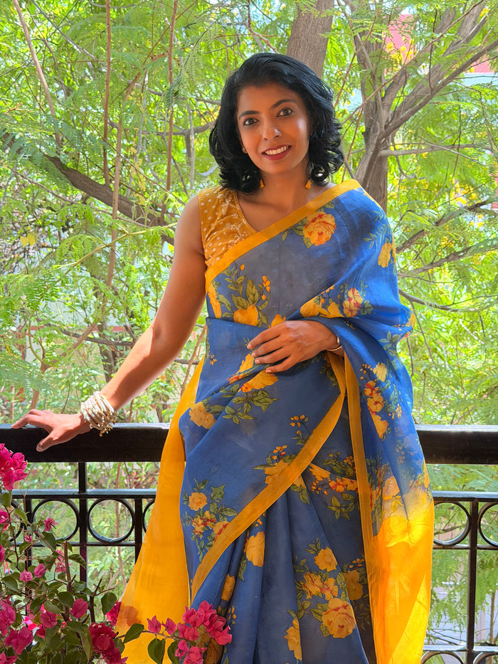 Nisha Bloom Organza Saree - Blue