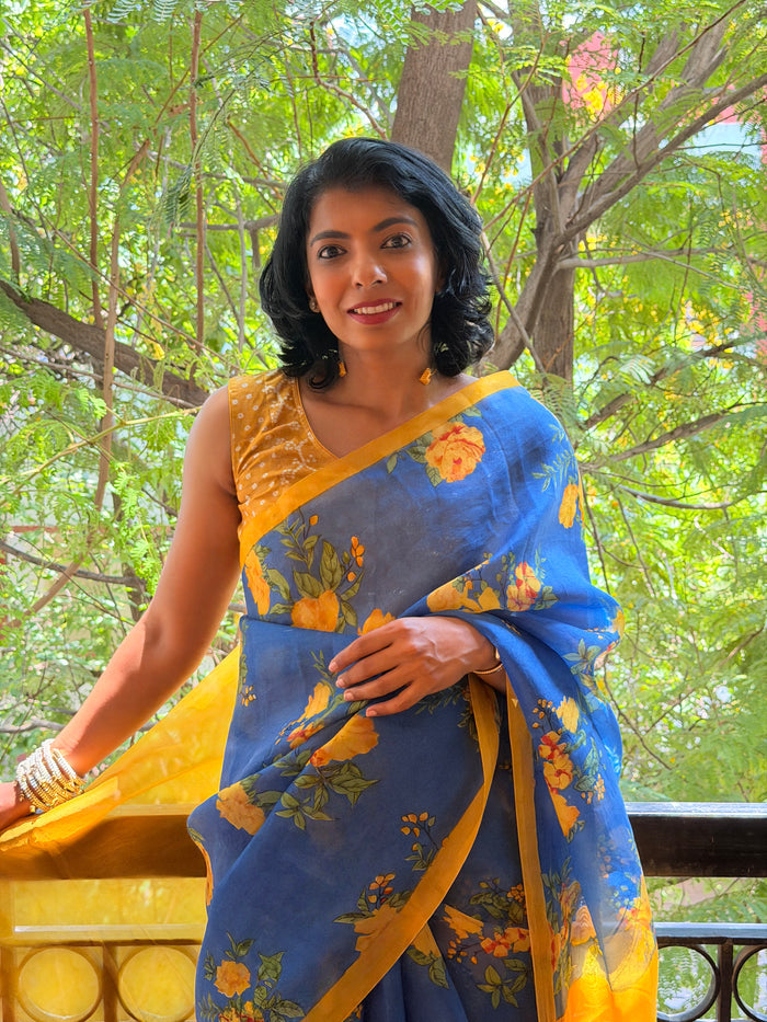 Nisha Bloom Organza Saree - Blue