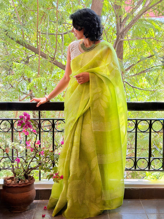 Nisha Foliage Organza Saree - Citron