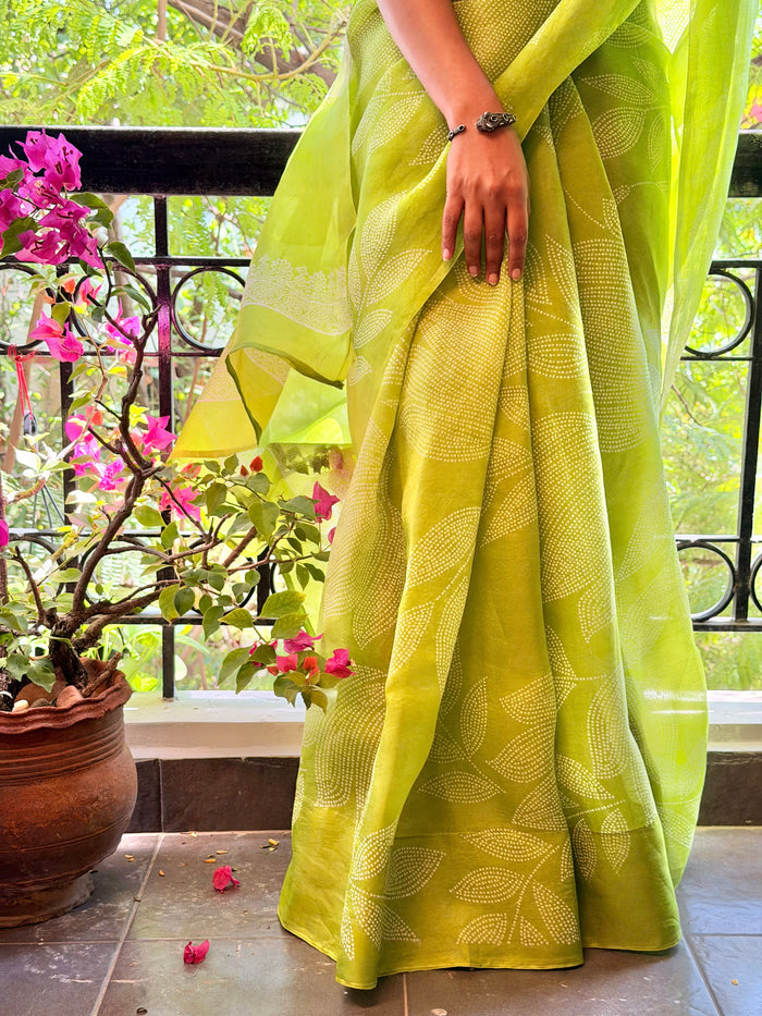 Nisha Foliage Organza Saree - Citron