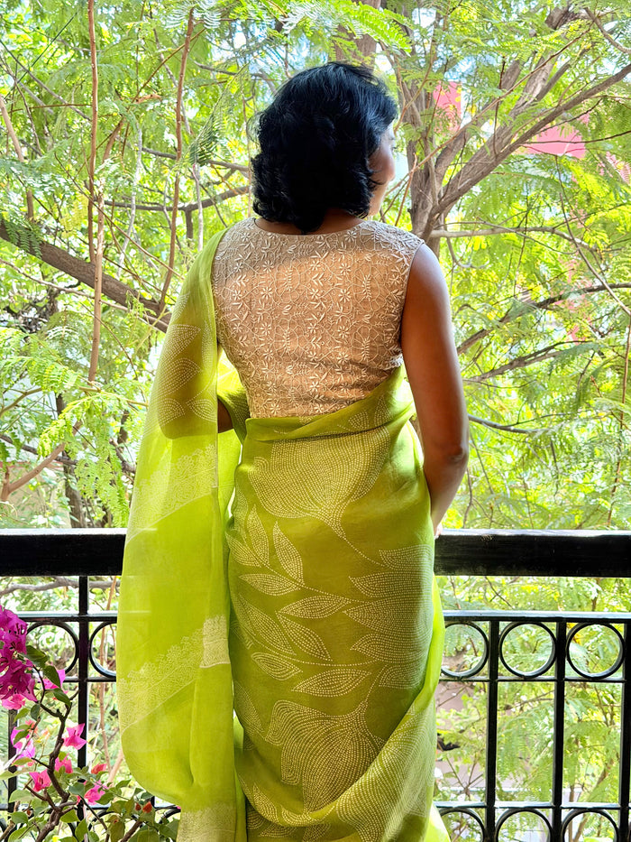 Nisha Foliage Organza Saree - Citron