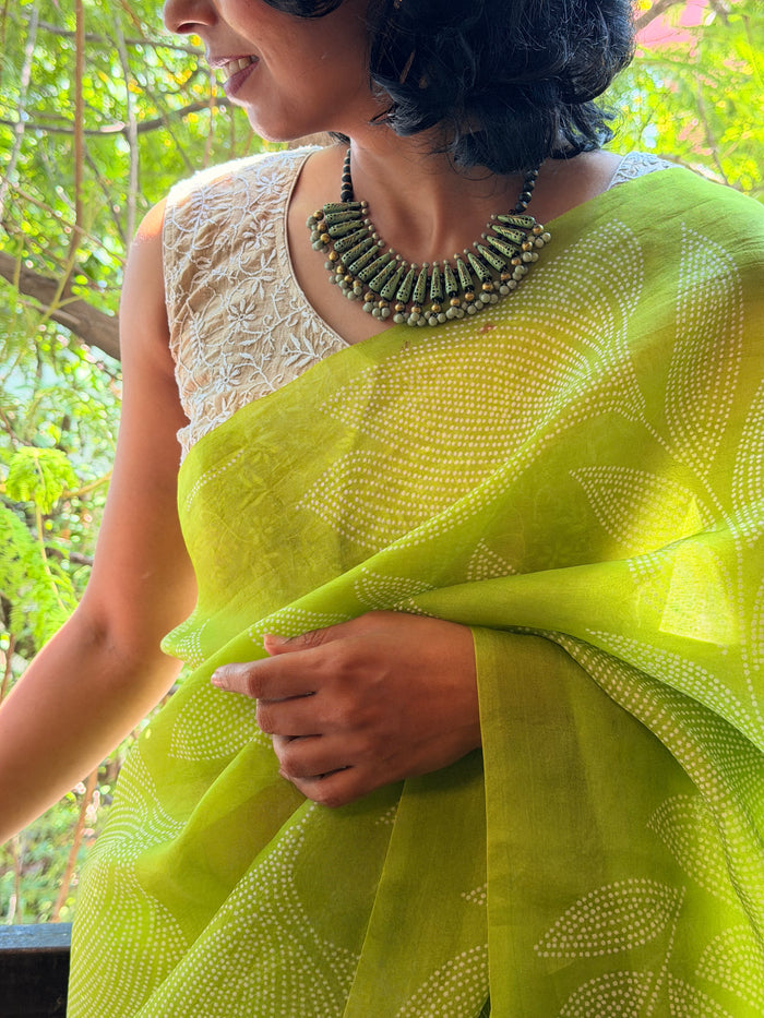Nisha Foliage Organza Saree - Citron