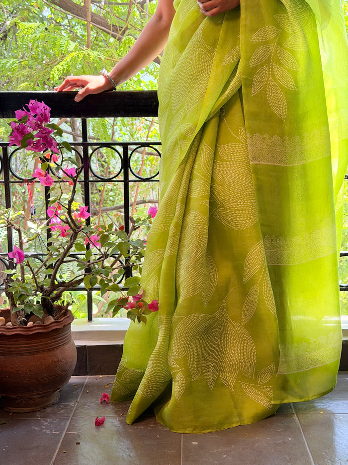 Nisha Foliage Organza Saree - Citron
