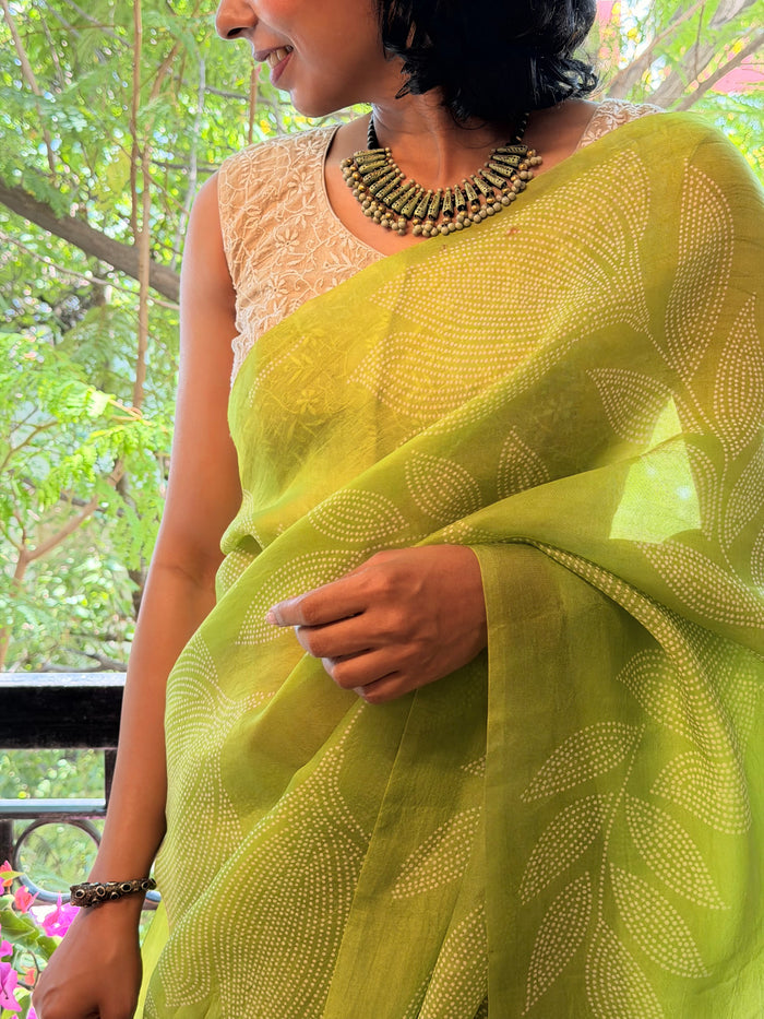 Nisha Foliage Organza Saree - Citron