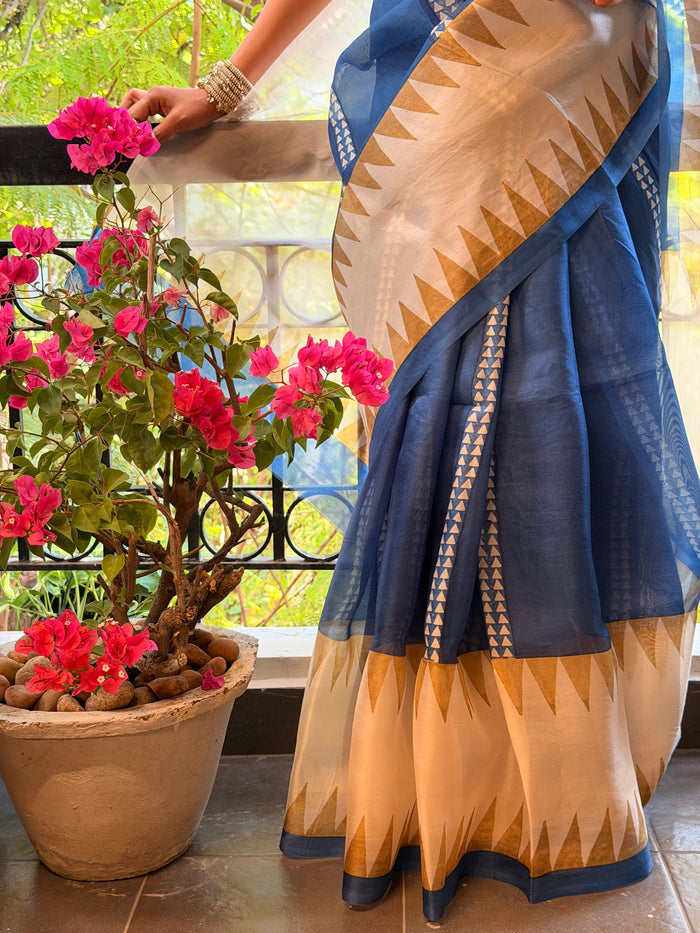 Nisha Geometric Organza Saree - Blue