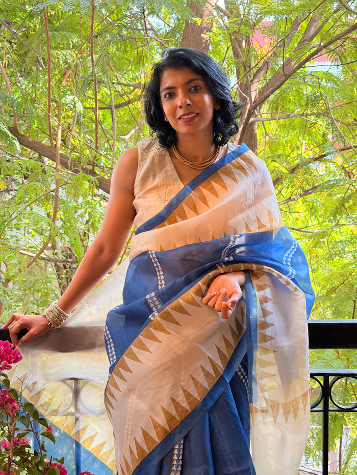 Nisha Geometric Organza Saree - Blue