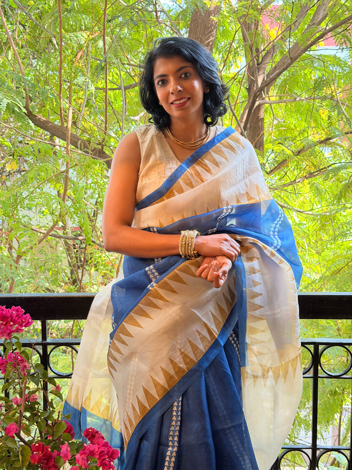 Nisha Geometric Organza Saree - Blue
