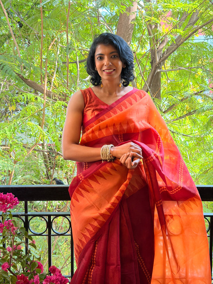 Nisha Geometric Organza Saree - Red