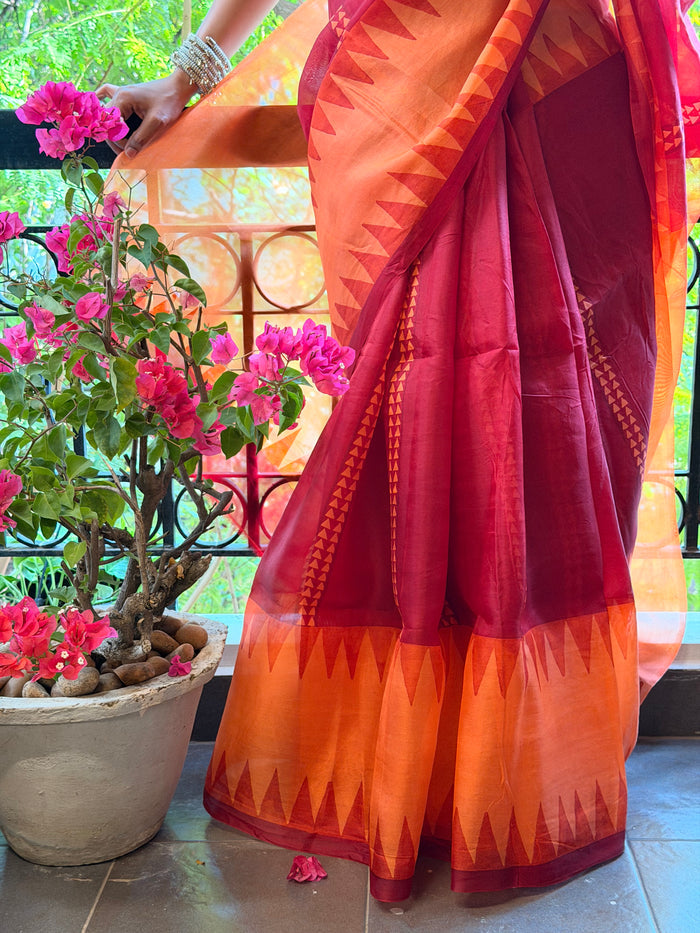 Nisha Geometric Organza Saree - Red