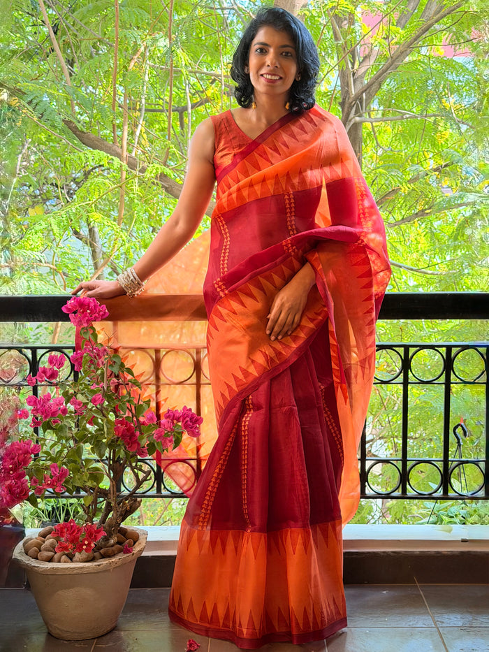 Nisha Geometric Organza Saree - Red