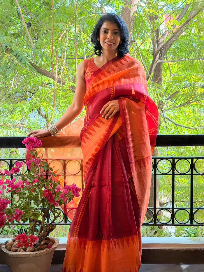 Nisha Geometric Organza Saree - Red
