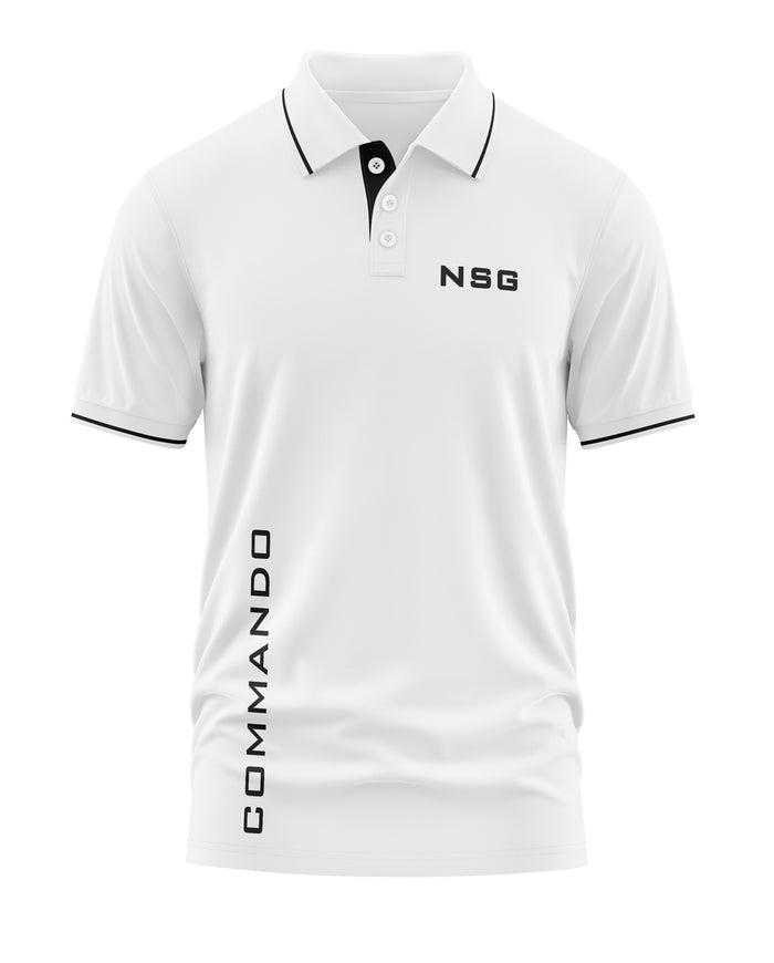 White men's polo t-shirt with black NSG logo and COMMANDO text, army-inspired design