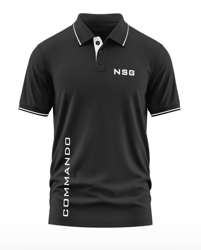 Black men's polo t-shirt with 'NSG' on chest and 'COMMANDO' printed vertically, army-inspired style