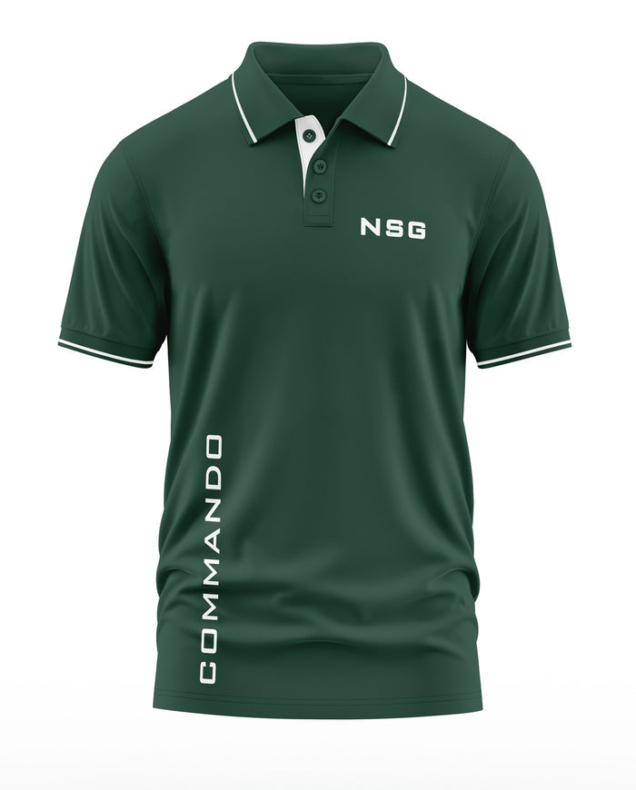 Green men's polo t-shirt with NSG chest print and vertical COMMANDO text, army-inspired design