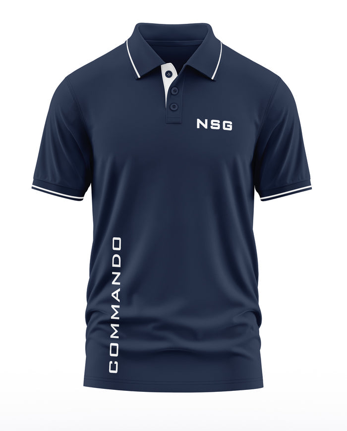 Navy blue men's polo t-shirt with white NSG and Commando text, short sleeves, button collar.