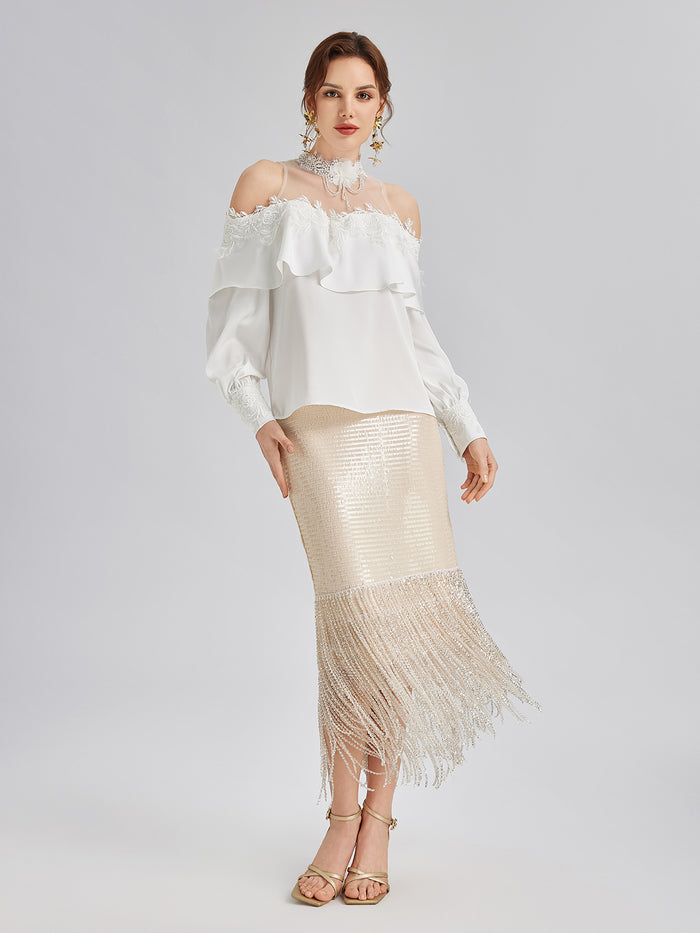 Off-Shoulder Ruffle Lace Mesh Top