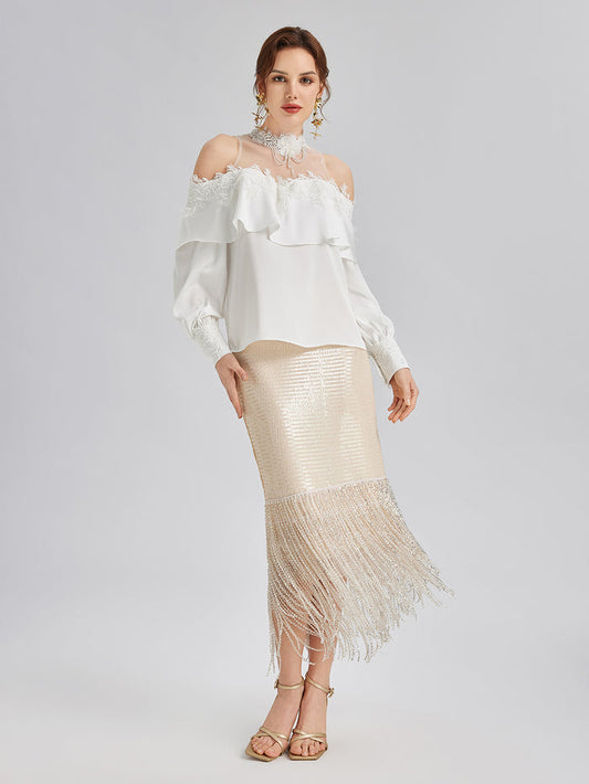 Off-Shoulder Ruffle Lace Mesh Top